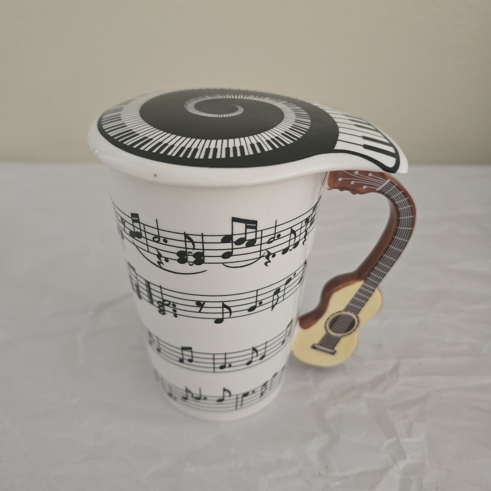 Guitar Coffee Mug with Lid White Ceramic Cup with Music Notes.